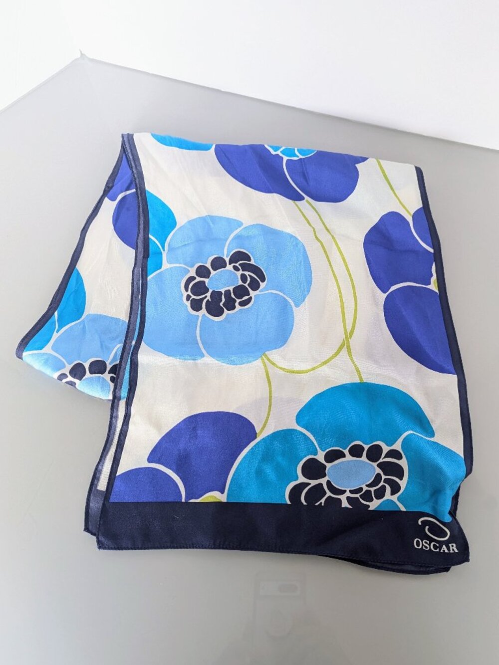 Oscar de la Renta Vintage Blue Floral Print Long Silk Scarf